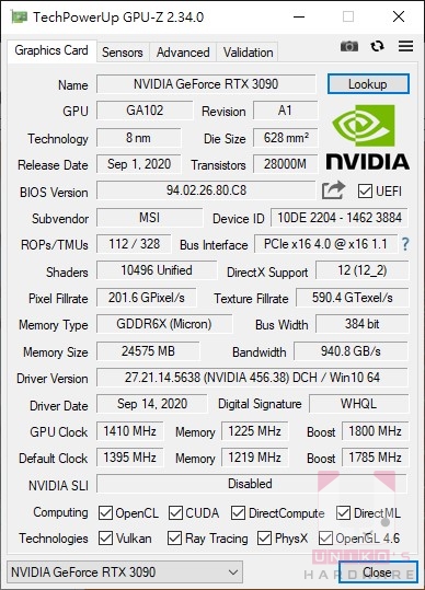 MSI GeForce RTX 3090 GAMING X TRIO 24G 的 GPU-Z 資料，GPU Boost 頻率是 1800MHz。