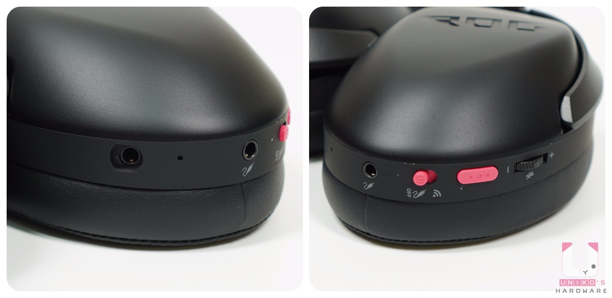 左耳罩下方依序是麥克風接口、3.5mm 接口、有線及無線模式撥紐、功能鍵、音量鍵。