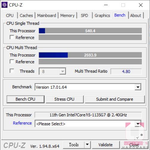 CPU-Z 單執行緒 540，多執行緒 2593。