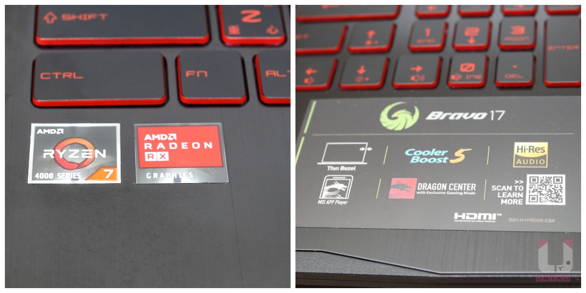 AMD Ryzen 與 Radeon 信仰貼紙以及 Bravo 17 特色一覽，包含窄邊框螢幕、Cooler Boost 5、Hi-Res Audio，並支援 MSI APP Player 及 Dragon Center。