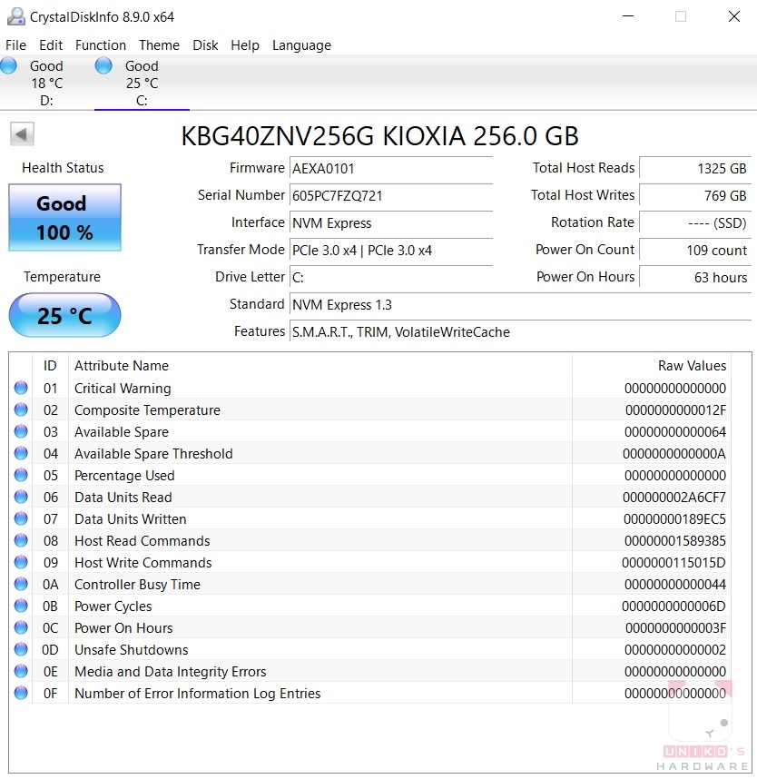SSD 採用 KIOXIA 的 KBG40ZNV256G，支援 PCIe 3.0x4、NVMe 1.3 等。