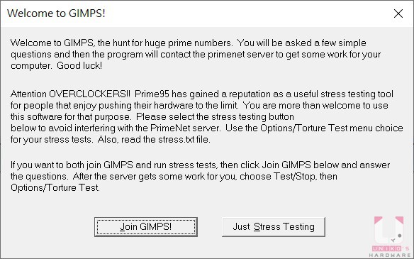 按此開啟 Prime95 下載頁面，解壓縮後執行 prime95.exe，點選 Just Stress Testing。