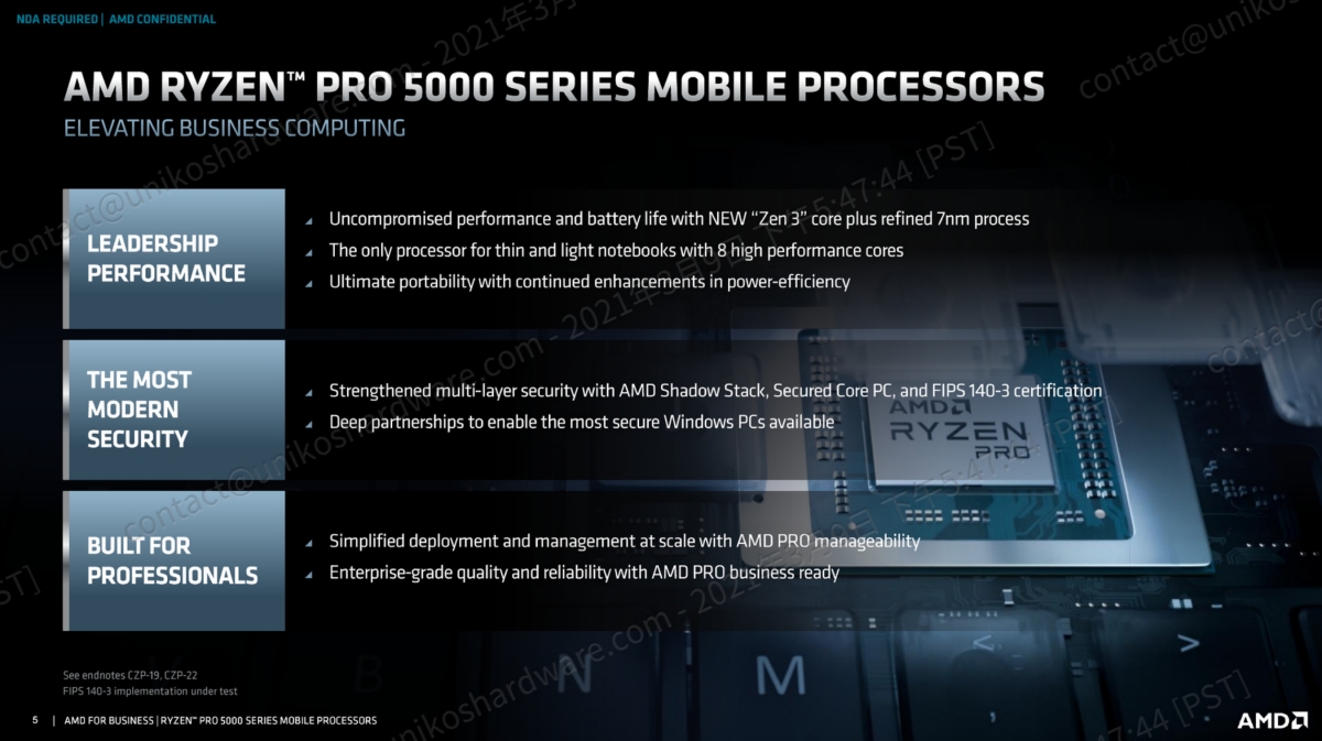 AMD Ryzen Pro 5000 系列行動處理器的三大訴求。