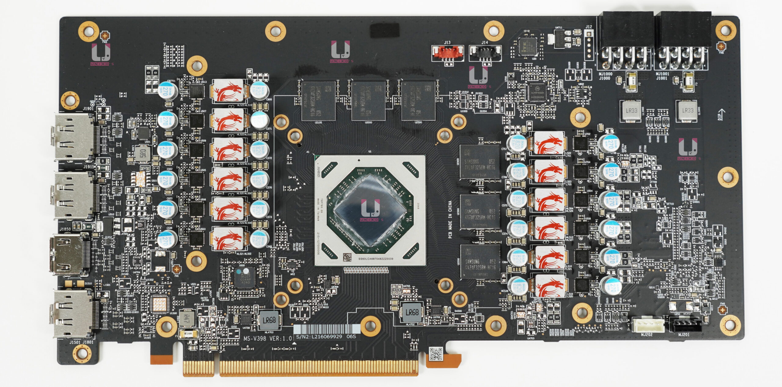 MSI Radeon RX 6700 XT GAMING X 12G PCB 正面。
