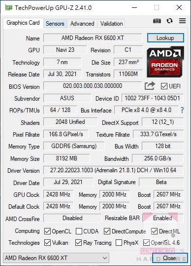 GPU-Z 規格，PCIe 4.0 x8 比較特別