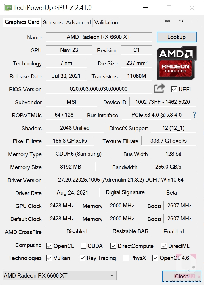MSI Radeon RX 6600 XT GAMING X 8G GPU-Z 截圖。