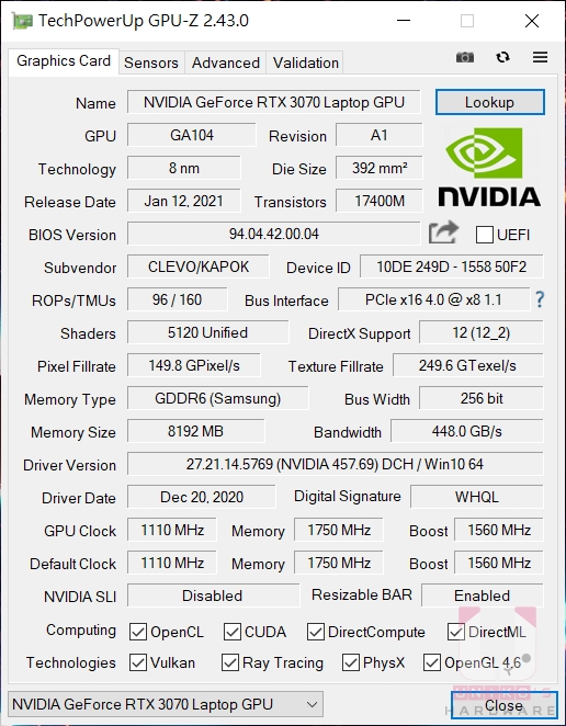 GPU-Z NVIDIA Geforce RTX 3070 資料，有開啟 Resizable BAR
