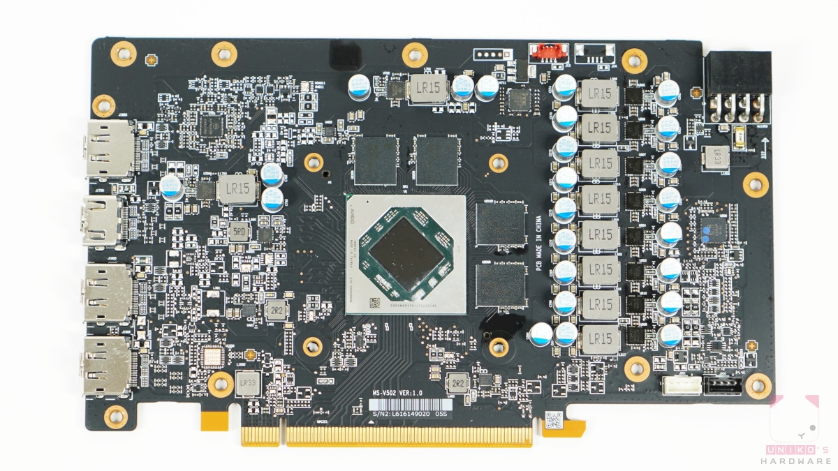 MSI Radeon RX 6600 XT GAMING X 8G PCB 正面。