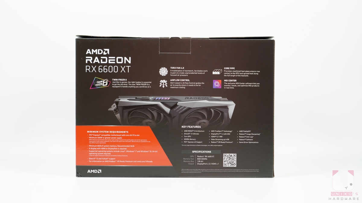MSI Radeon RX 6600 XT GAMING X 8G 包裝背面。