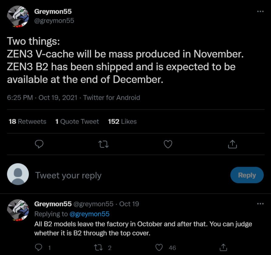推特爆料大神 Greymon55 透露 Zen 3+ 加強版將於 11 月開始量產。
