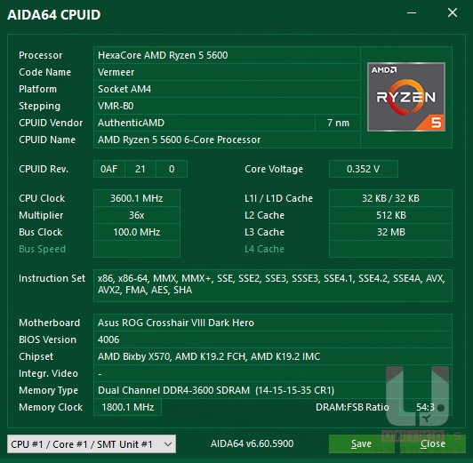 R5 5600 AIDA64 CPU 資訊