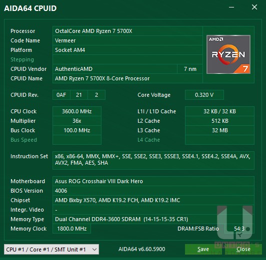 R7 5700X AIDA64 CPU 資訊