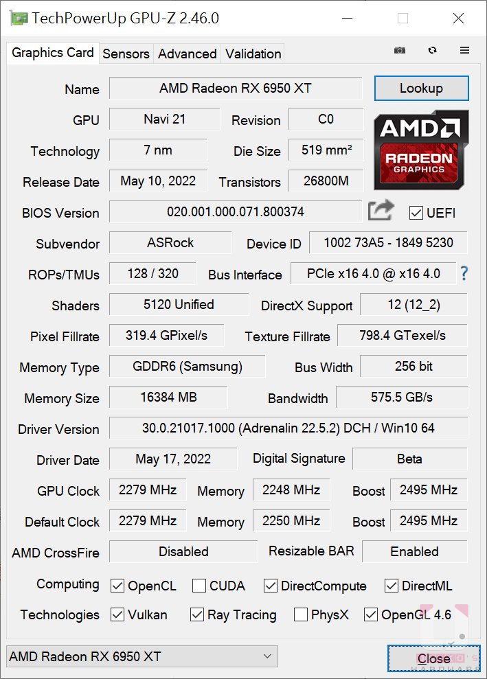 ASROCK Radeon RX 6950 XT OC Formula 16GB GPU-Z 資訊。
