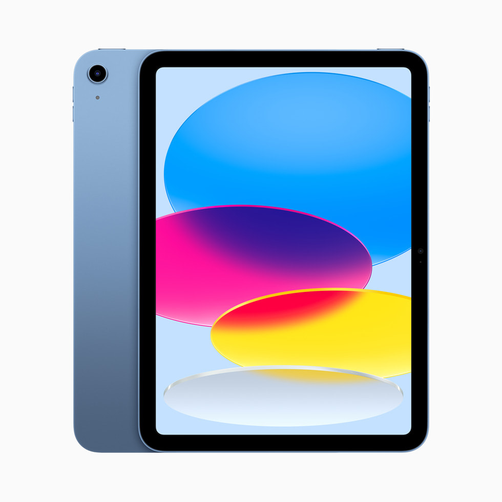 全新 iPad 採用全螢幕設計，提供四種精美外觀：藍色、粉紅色、黃色、銀色。